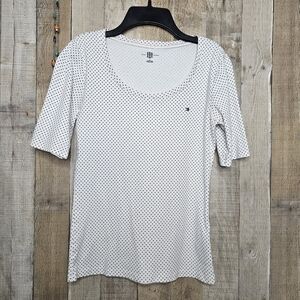 Tommy Hilfiger white Polka Dot Pullover Round Neck Short Sleeves Blouse Sz Small